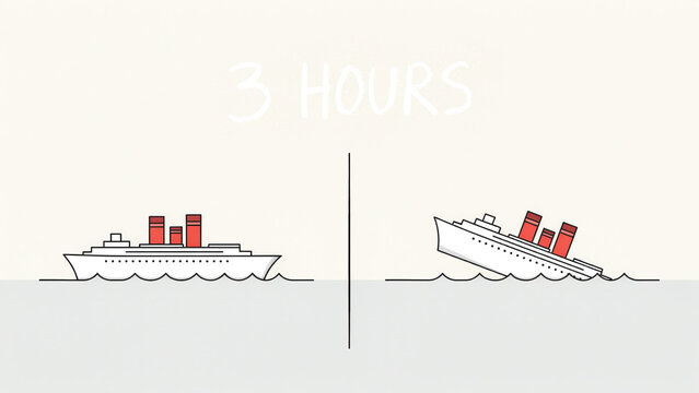 Minimalist illustration of a cruise ship sailing and sinking in the ocean