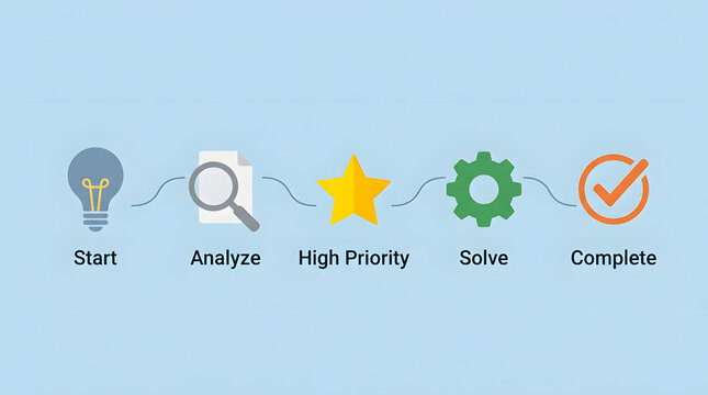 Process flow diagram with light bulb analyze star gear and checkmark icons on light blue background featuring workflow, steps, sequence, idea, magnifying glass, research, priority and high priority