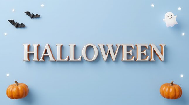 Halloween typography with bats pumpkins and ghost on light blue background