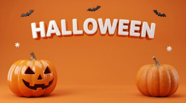 Halloween typography with pumpkins and bats on orange background