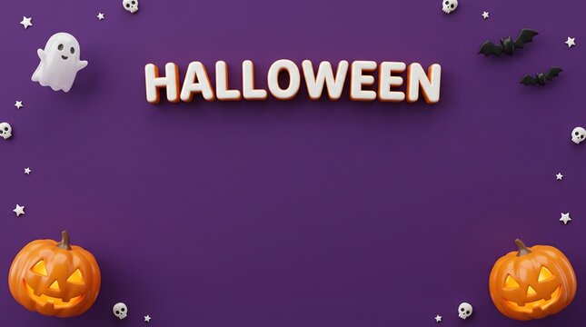 Halloween themed arrangement with pumpkins ghost and bats on purple background