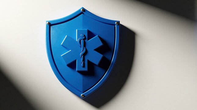 Blue medical shield icon with white star of life symbol. Emergency healthcare protection emblem on white wall. Symbol represents first aid service, medical safety, doctor assistance, hospital