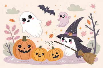 Fototapeta premium Halloween doodle illustration with ghosts, pumpkins, bats, witches, spooky cute aesthetic.