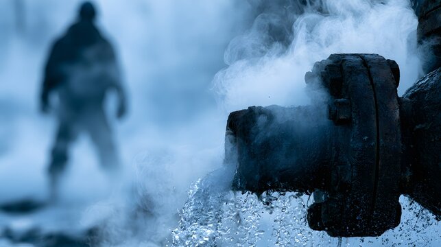 Frozen fire hydrant covered with snow and ice during severe winter weather, with blurred person in background, concept for emergency access, public safety, cold climate and snowstorm hazards