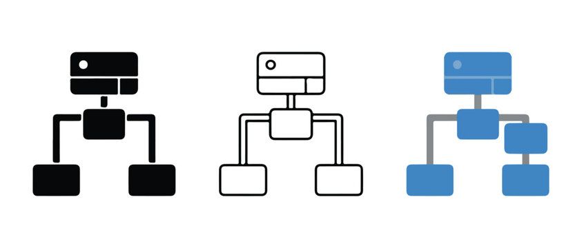diagrams showing network server and client devices connected in hierarchical database or system architecture layouts