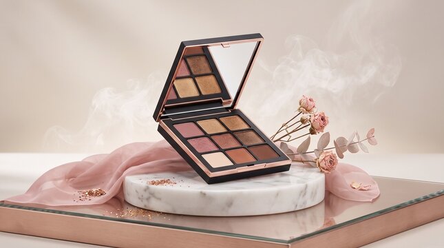 Luxury eyeshadow palette with 9 shades on marble podium. Elegant makeup kit with pink silk and flowers. Professional beauty product photography.