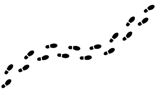 Set of black shoe footprints walking in a curved path
