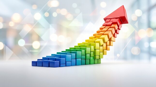 Rising Graph of Success: A vibrant, rainbow-colored arrow constructed from building blocks ascends sharply, symbolizing upward growth, progress, and increasing success in business or any endeavor.