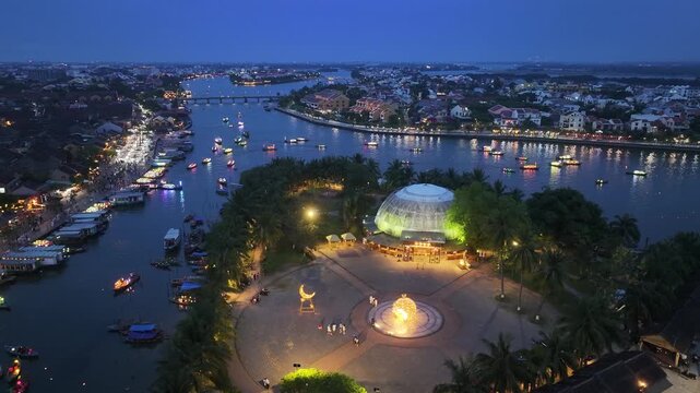 Aerial view of the Thu Bon River night scene in Hoi An Ancient Town, Vietnam