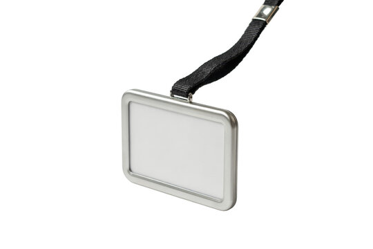 Empty horizontal plastic id badge holder with a black fabric lanyard isolated on a transparent background