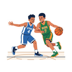 Naklejka premium Two male athletes playing basketball during a competitive match on an indoor court floor