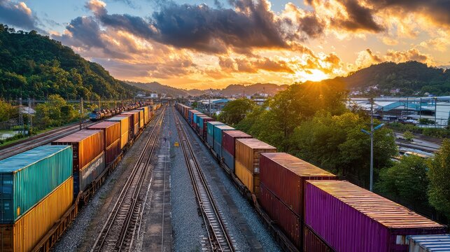 Colorful Container Freight Trains under Golden Sunset Sky, Railway Logistics Transportation Hub Concept, Mountain Tracks and Global Supply Chain Trade Visual Asset
