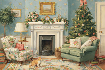 Naklejka premium Living room painting featuring a warm holiday scene with a cat, decorated Christmas tree, fireplace, and comfortable armchairs