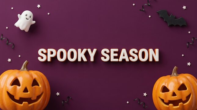 Halloween decorations with pumpkins ghost and bats on purple background