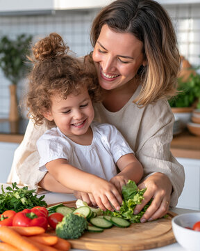 Mother smiles as child laughs, hands on fresh greens. Bright kitchen bathed in soft natural light. Wooden board holds colorful vegetables. Joyful moment of shared cooking experience