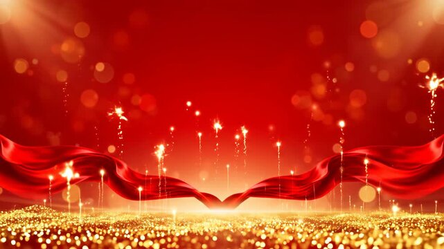 Festive red and gold background with flowing silk ribbons and sparkling particles