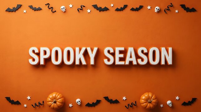 Halloween decorations with pumpkins bats and skulls on orange background
