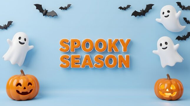 Spooky season with pumpkins ghosts and bats on orange background