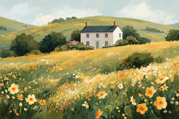 Naklejka premium Rural house standing on a lush green hill, surrounded by yellow wildflowers and blooming plants under a bright sky, conveying tranquility
