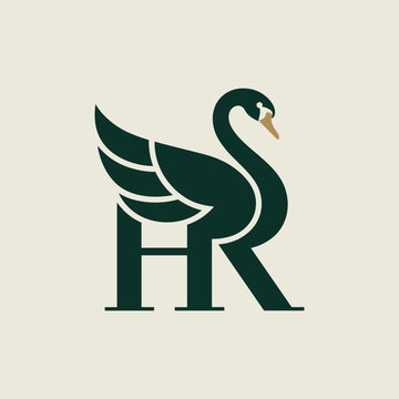 Minimalist letter h and r monogram logo design with a swan shape