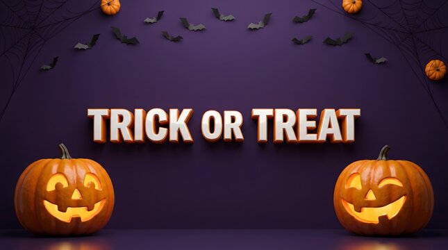 Halloween decoration with pumpkins bats and spiderwebs on purple background