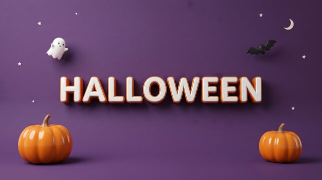 Halloween typography with pumpkins and ghost on purple background