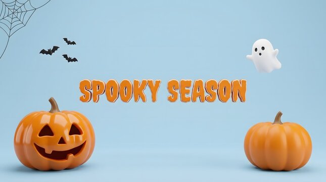 Halloween decorations with pumpkins ghost and bats on light blue background