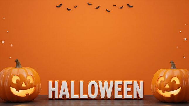 Halloween pumpkins and bats on orange background festive autumn celebration