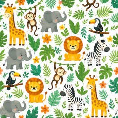 Naklejka premium Cute seamless jungle safari pattern with giraffe, elephant, lion, zebra, monkey, toucan, tropical leaves and flowers. Ideal for kids fabric, nursery wallpaper, wrapping paper, textiles and backgrounds