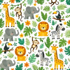 Cute seamless jungle safari pattern with giraffe, elephant, lion, zebra, monkey, toucan, tropical leaves and flowers. Ideal for kids fabric, nursery wallpaper, wrapping paper, textiles and backgrounds © Desyth