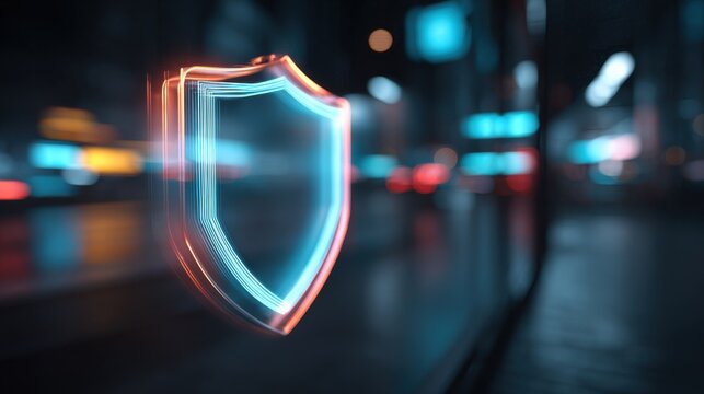 Glowing Digital Shield Protecting Sensitive Data in a Futuristic Cityscape