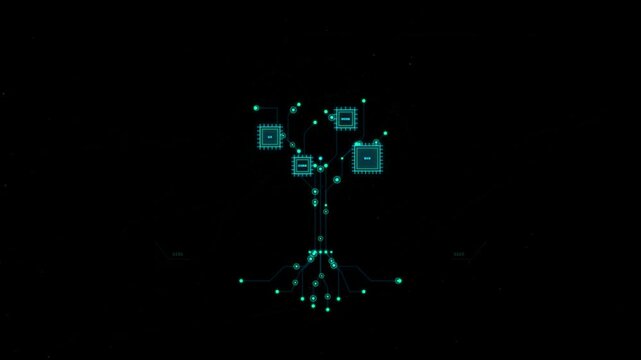 Abstract glowing circuit board tree with integrated chips sst, comp, nvidia, amd, illustrating a complex digital network and data processing