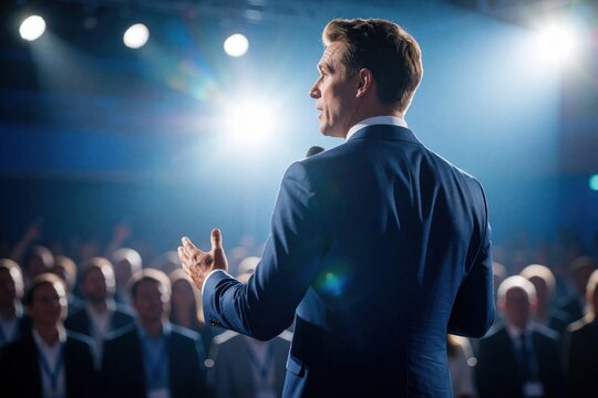 Man in suit speaks on stage with microphone before crowd of people. Bright spotlights shine on speaker at event. Audience listens intently during presentation. Business leader shares ideas with