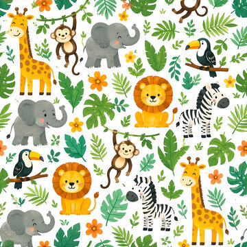 Cute seamless jungle safari pattern with giraffe, elephant, lion, zebra, monkey, toucan, tropical leaves and flowers. Ideal for kids fabric, nursery wallpaper, wrapping paper, textiles and backgrounds