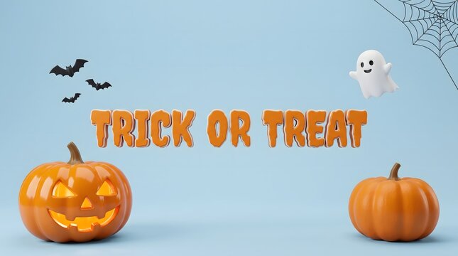 Halloween decoration with pumpkins bats and ghost with trick or treat text