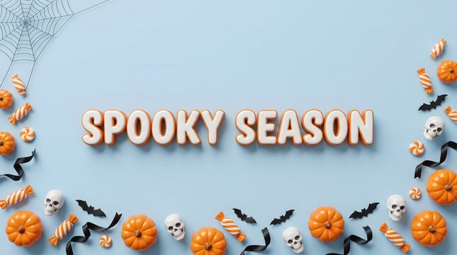 Halloween decorations with pumpkins candy and bats on a light blue background