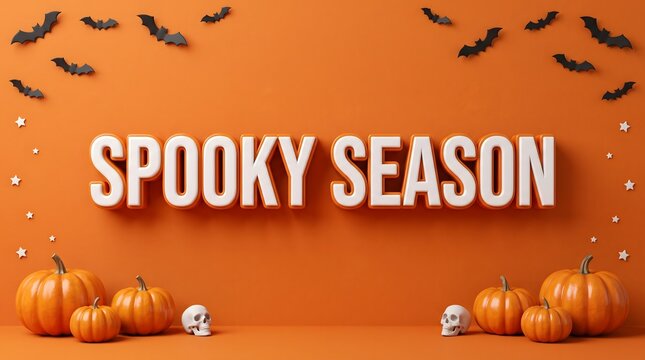 Spooky season halloween display with pumpkins bats and skull on orange background