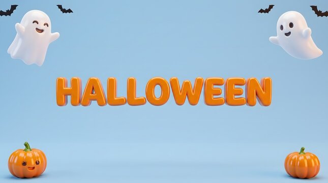 Halloween lettering with ghosts pumpkins and bats on light blue background