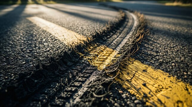 Surreal Wire Tire Track Crossing Yellow Line on Asphalt Road