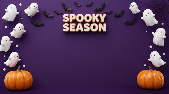 Halloween ghosts pumpkins and bats on purple background spooky season