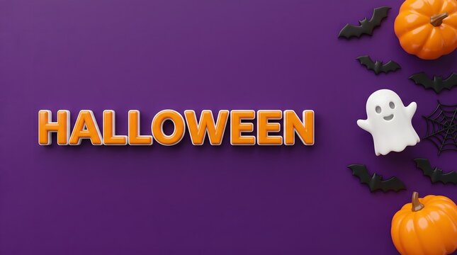 Halloween lettering with pumpkins bats and ghost on purple background