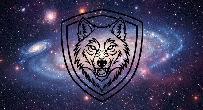 Fierce wolf head emblem in shield design with cosmic galaxy background for branding and gaming