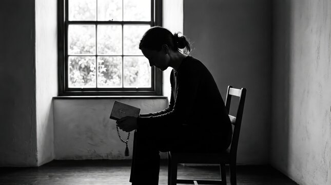 Silhouette of a woman sitting on a wooden chair near a window holding a rosary beads in deep prayer and meditation, spiritual devotion and religious faith, catholic christianity