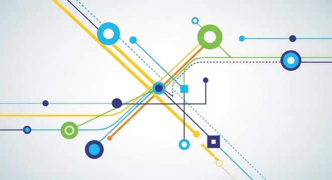 Network nodes and connecting lines illustrating digital data flow and technology integration