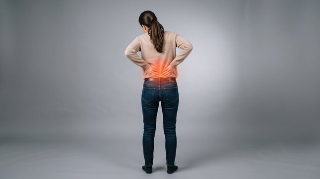Woman standing with back to camera holding lower back in pain, glowing red area highlighting spine injury or muscle strain, chronic backache health problem