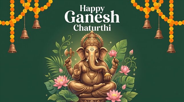 Ganesh Chaturthi festival poster with golden idol on lotus flowers and diya lamps background