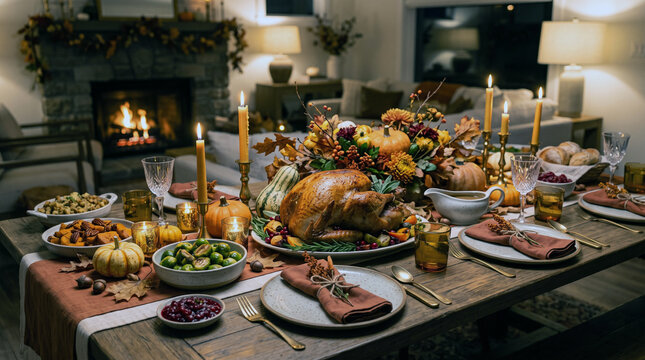 Festive Thanksgiving Dinner Table with Roasted Turkey and Side Dishes