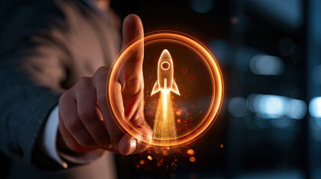 Hand touches glowing circle with rocket launch icon, symbolizing startup