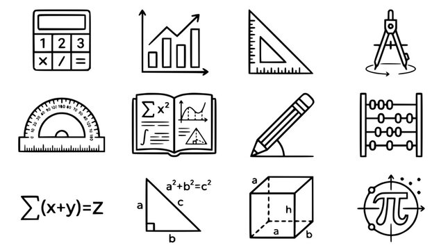 Mathematics Icons: Calculator, Graph, Ruler, Compass, Pi, Cube, Abacus, Book