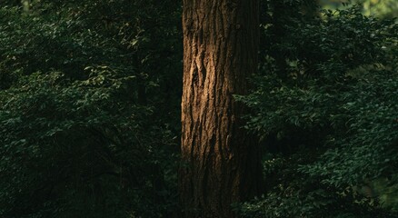 Obraz premium Majestic tree trunk illuminated by sunlight in a dense forest